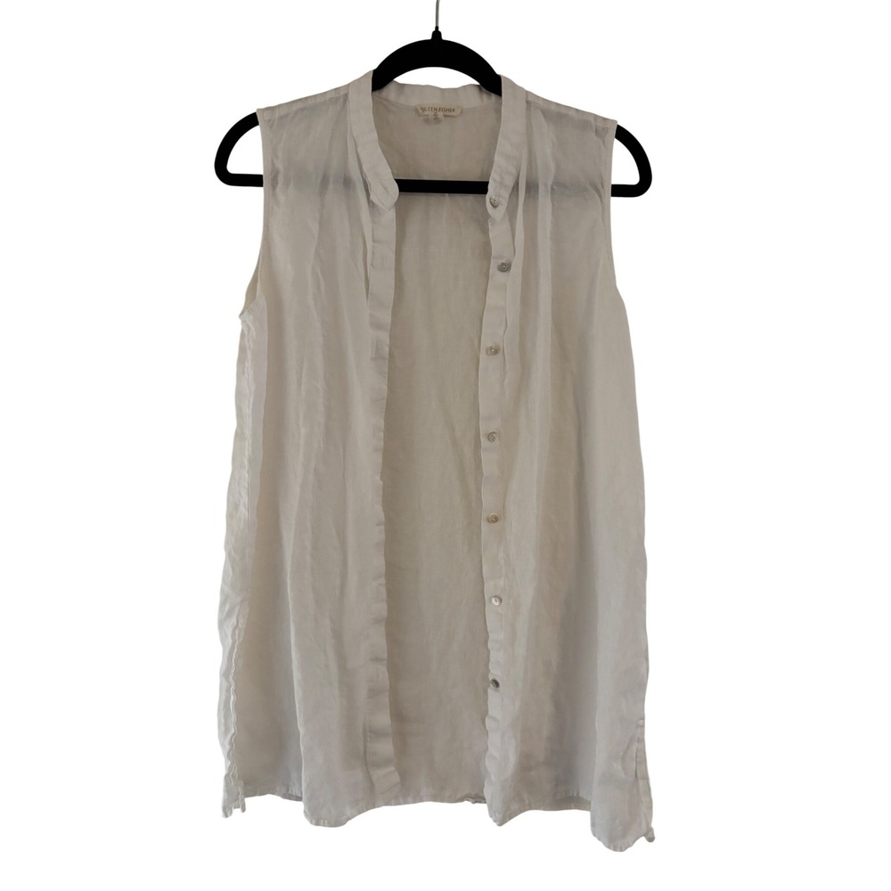 Eileen Fisher White 100% Organic Linen Sleeveless Button Front Tunic Top Medium